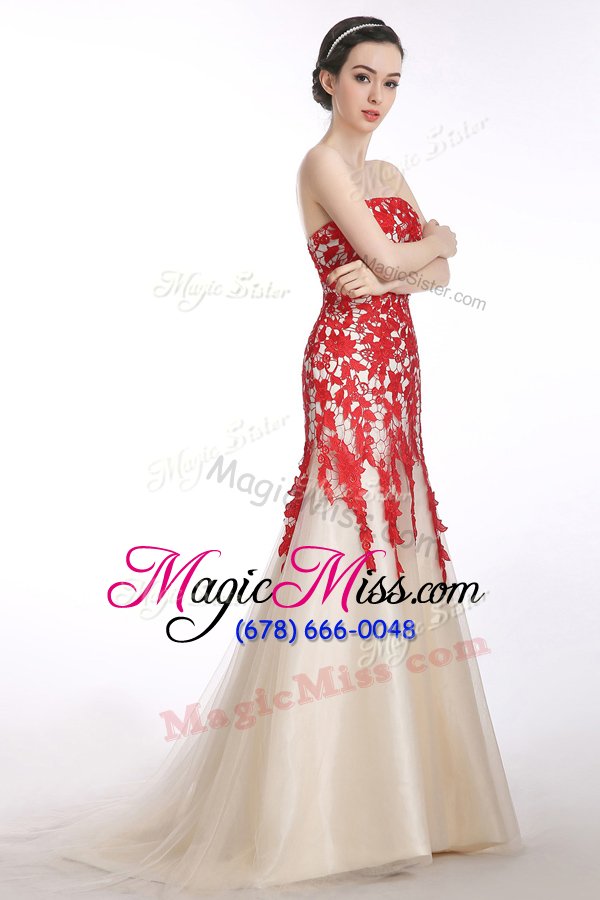 wholesale wonderful mermaid red tulle lace up strapless sleeveless brush train appliques