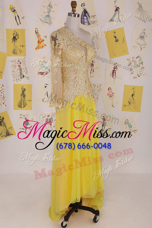 wholesale top selling one shoulder yellow sleeveless high low appliques side zipper