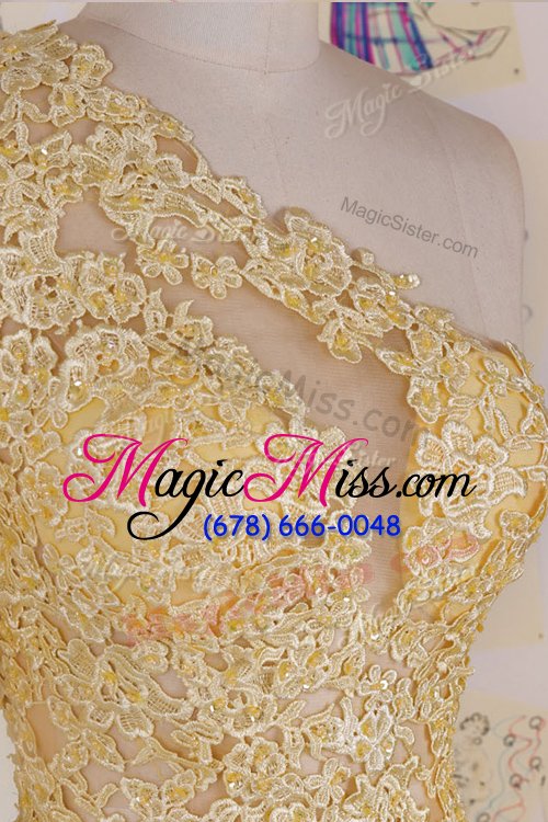 wholesale top selling one shoulder yellow sleeveless high low appliques side zipper