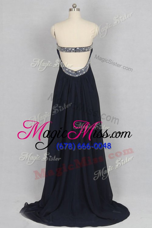 wholesale sweetheart sleeveless prom dress with brush train beading black elastic woven satin