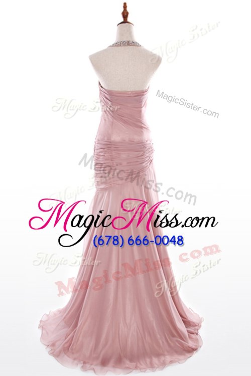 wholesale affordable halter top pink column/sheath beading dress for prom side zipper organza and taffeta sleeveless with train