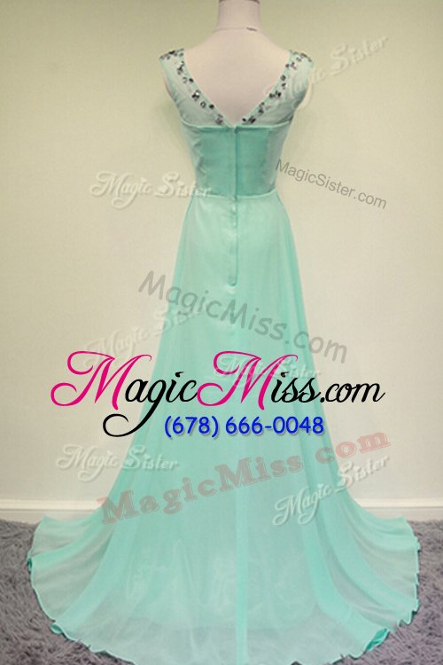wholesale cute turquoise chiffon zipper scoop sleeveless with train prom evening gown brush train beading