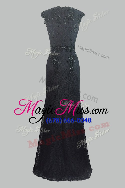 wholesale wonderful lace floor length column/sheath cap sleeves black prom dress zipper