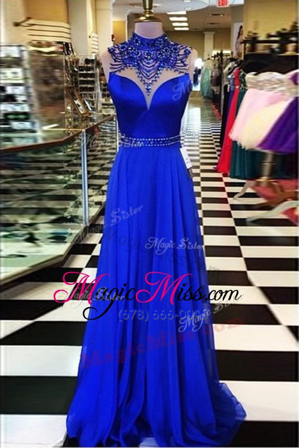 wholesale chiffon high-neck sleeveless sweep train backless beading prom gown in royal blue