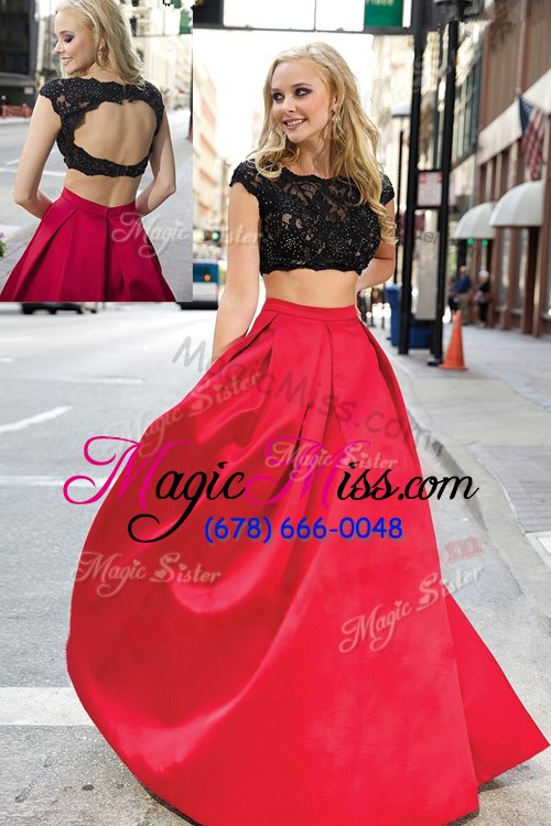 wholesale popular scoop short sleeves prom dress brush train lace coral red satin