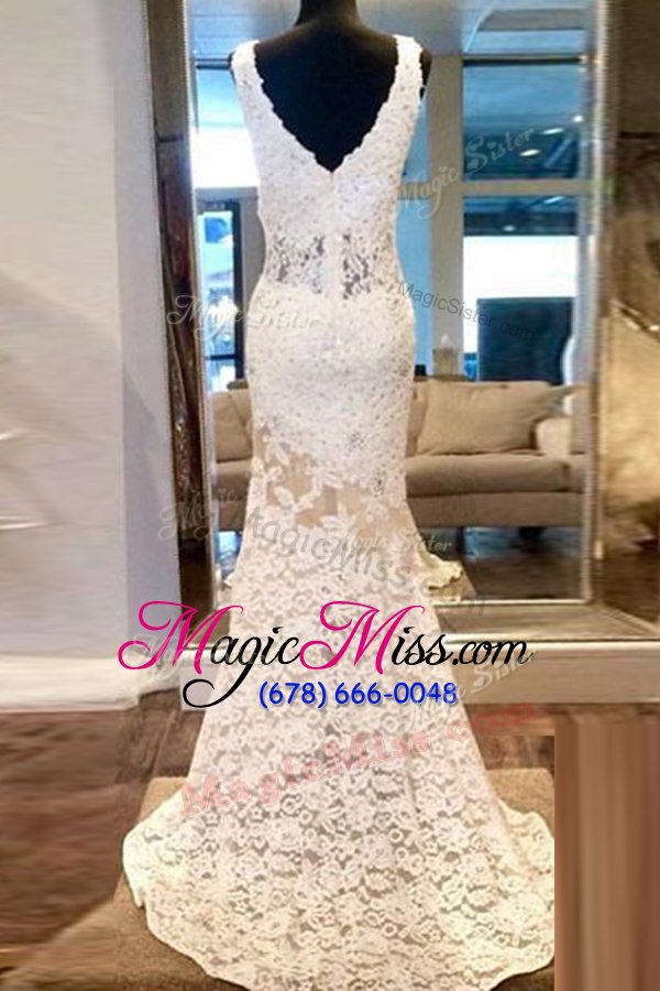 wholesale artistic mermaid lace zipper celebrity dress white and in for prom with beading sweep train