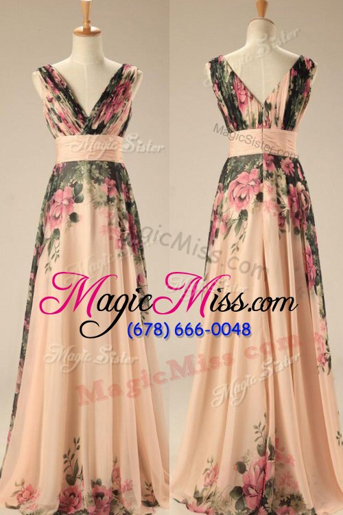 wholesale simple orange prom gown chiffon sweep train sleeveless embroidery and belt