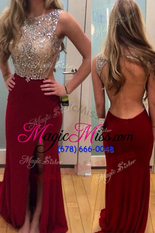 wholesale captivating sleeveless chiffon brush train backless homecoming dress in wine red for with beading
