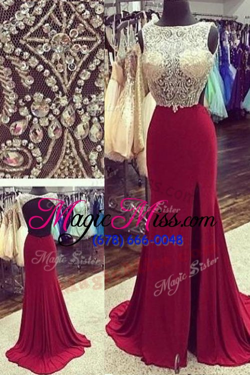 wholesale captivating sleeveless chiffon brush train backless homecoming dress in wine red for with beading