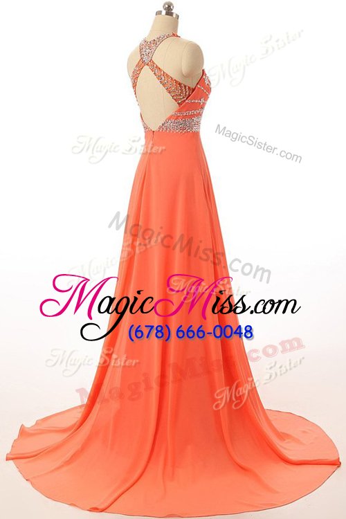 wholesale flirting halter top orange sleeveless chiffon court train backless prom party dress for prom and party