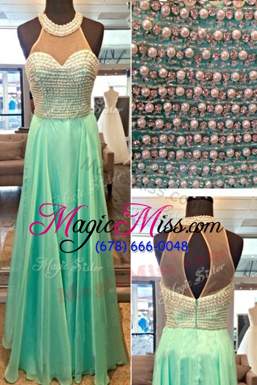 wholesale cheap high-neck sleeveless prom evening gown floor length beading apple green chiffon