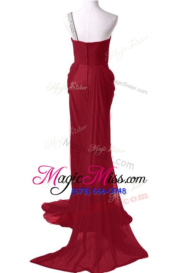 wholesale elegant burgundy prom gown prom and for with beading one shoulder sleeveless watteau train zipper