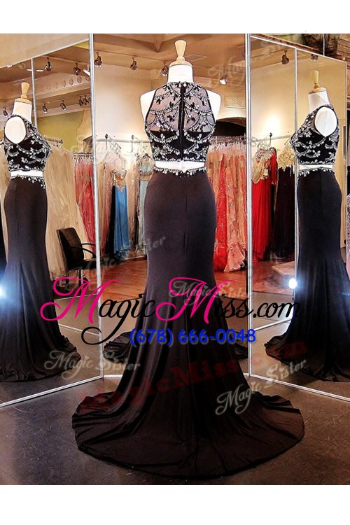 wholesale fashionable scoop black sleeveless elastic woven satin brush train zipper for prom and party