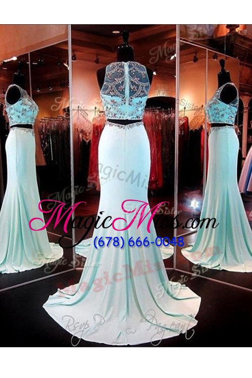wholesale dramatic turquoise zipper scoop beading and appliques prom evening gown elastic woven satin sleeveless brush train