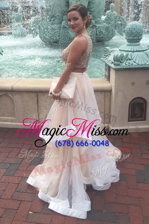 wholesale inexpensive scoop champagne tulle zipper dress for prom sleeveless ankle length sequins