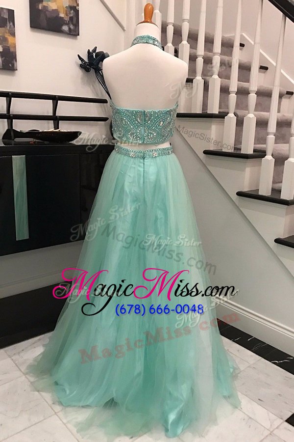 wholesale hot selling turquoise a-line halter top sleeveless tulle with train sweep train backless beading evening dress