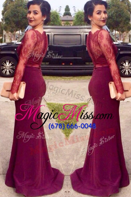wholesale perfect scalloped long sleeves with train lace clasp handle prom party dress with fuchsia brush train