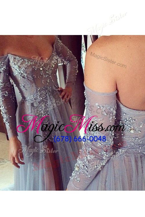 wholesale superior off the shoulder beading and ruching red carpet prom dress grey zipper long sleeves with train sweep train