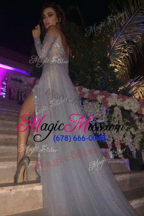 wholesale superior off the shoulder beading and ruching red carpet prom dress grey zipper long sleeves with train sweep train