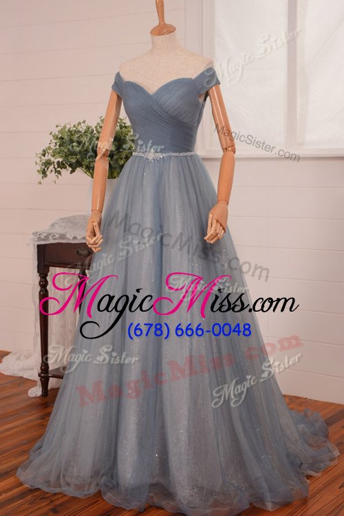 wholesale glittering navy blue organza zipper off the shoulder sleeveless with train prom evening gown brush train belt