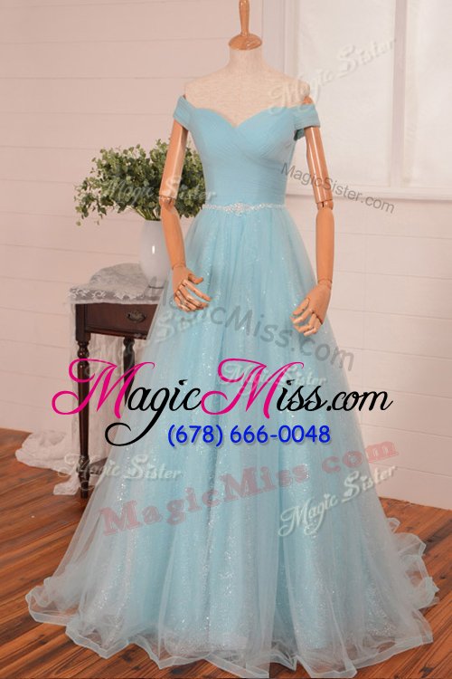 wholesale glittering navy blue organza zipper off the shoulder sleeveless with train prom evening gown brush train belt