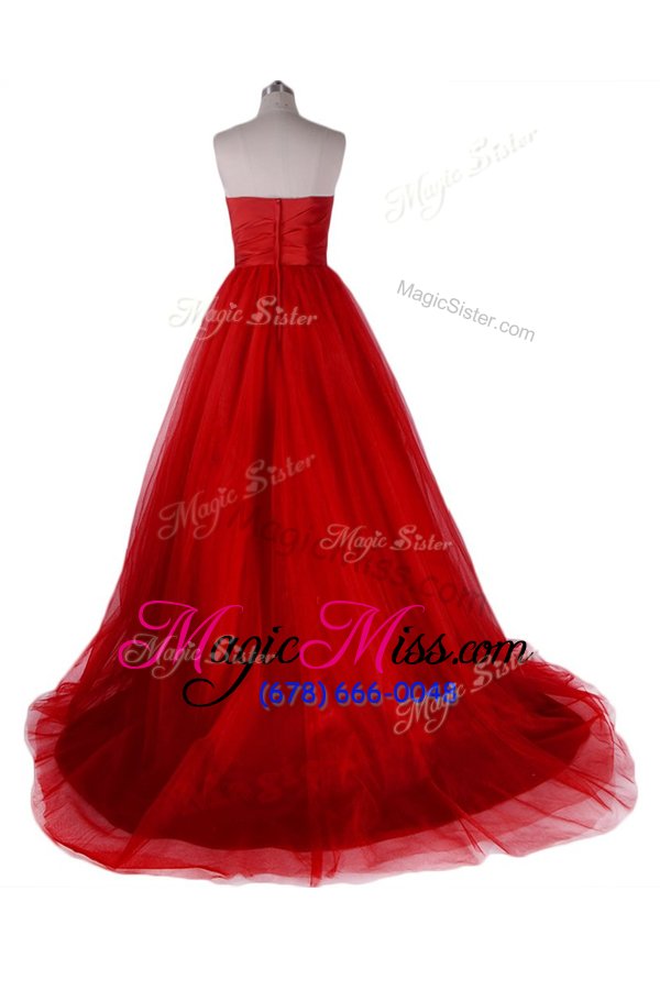 wholesale modern satin and tulle sweetheart sleeveless sweep train zipper ruching homecoming dress in red