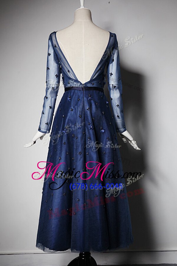 wholesale trendy tulle scoop long sleeves zipper beading and hand made flower mother of the bride dress in navy blue
