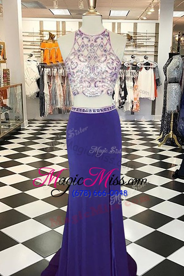 wholesale dramatic scoop purple elastic woven satin backless prom dress sleeveless with train sweep train beading