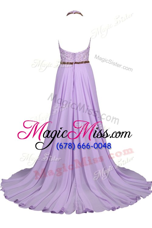 wholesale exquisite lavender chiffon and lace zipper halter top sleeveless floor length prom dress beading