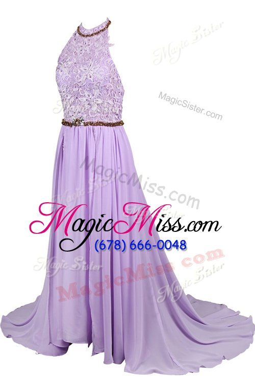 wholesale exquisite lavender chiffon and lace zipper halter top sleeveless floor length prom dress beading