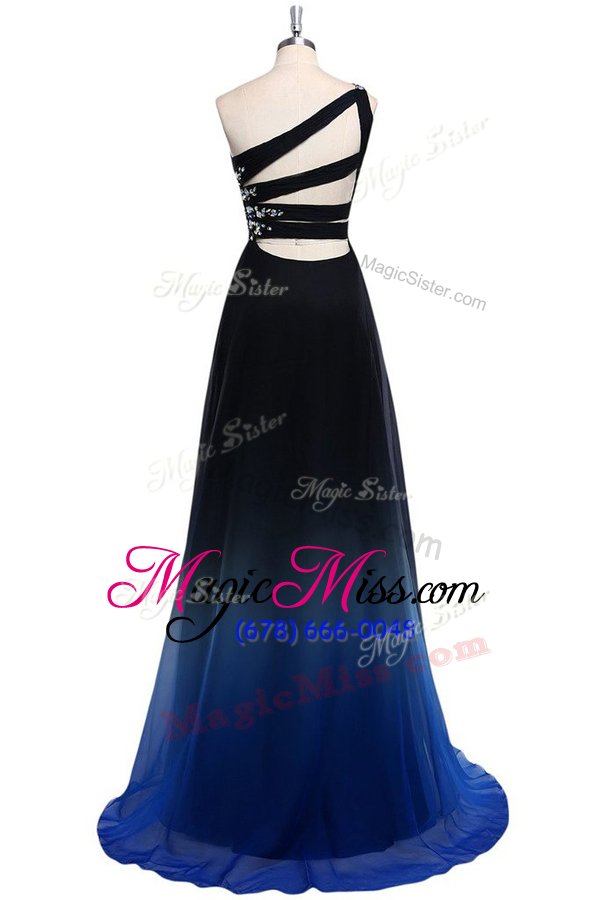 wholesale one shoulder navy blue sleeveless beading floor length evening dress