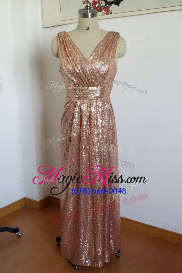 wholesale attractive gold a-line v-neck sleeveless sequined floor length lace up pleated evening party dresses