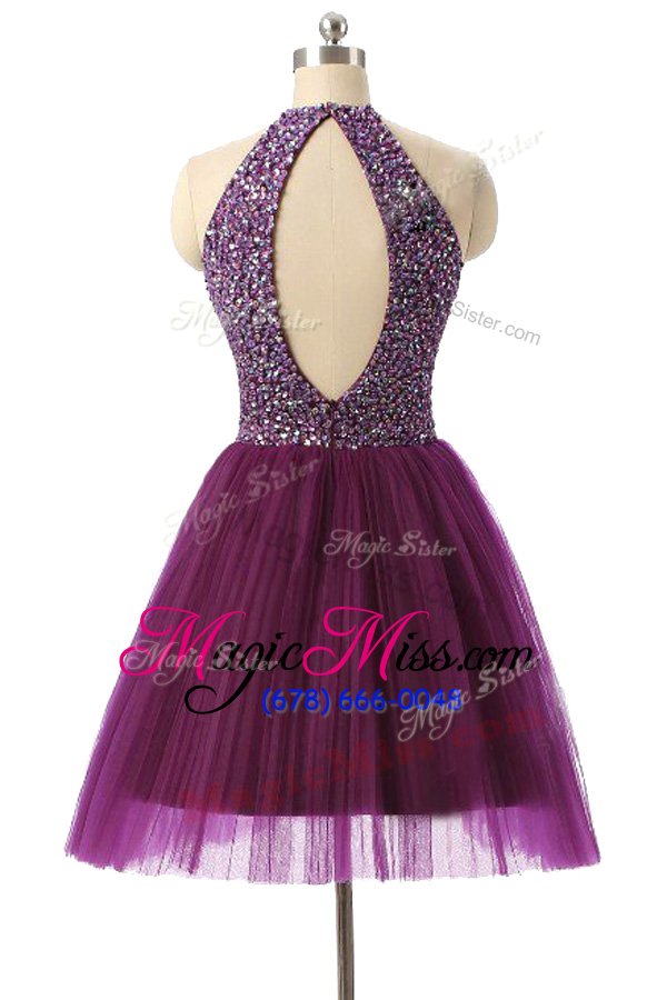 wholesale hot sale purple halter top zipper sequins prom party dress sleeveless