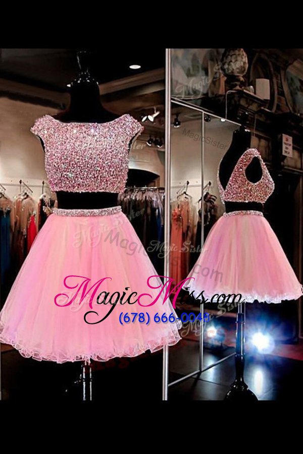 wholesale gorgeous tulle bateau cap sleeves zipper beading homecoming dress in pink