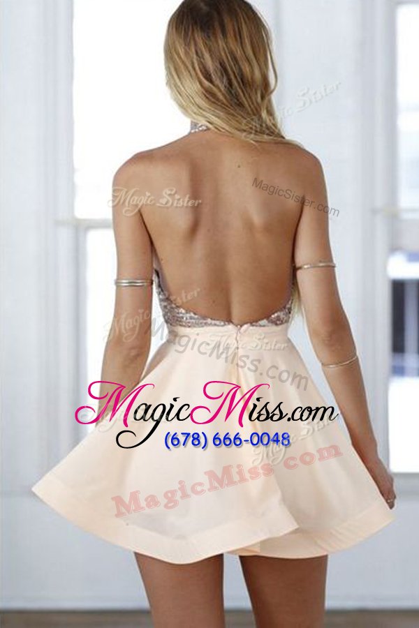 wholesale high quality halter top mini length a-line sleeveless baby pink cocktail dresses backless