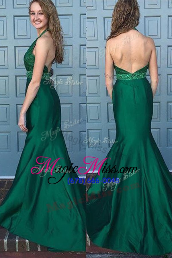 wholesale cute mermaid halter top sleeveless going out dresses with train sweep train beading and lace green satin