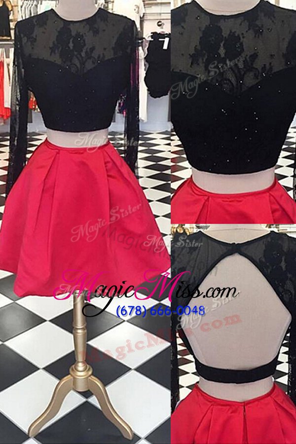 wholesale suitable red a-line satin and lace scoop long sleeves lace knee length zipper prom evening gown