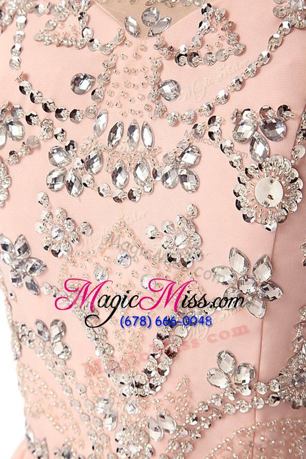 wholesale fashion pink scoop neckline beading dress for prom sleeveless zipper