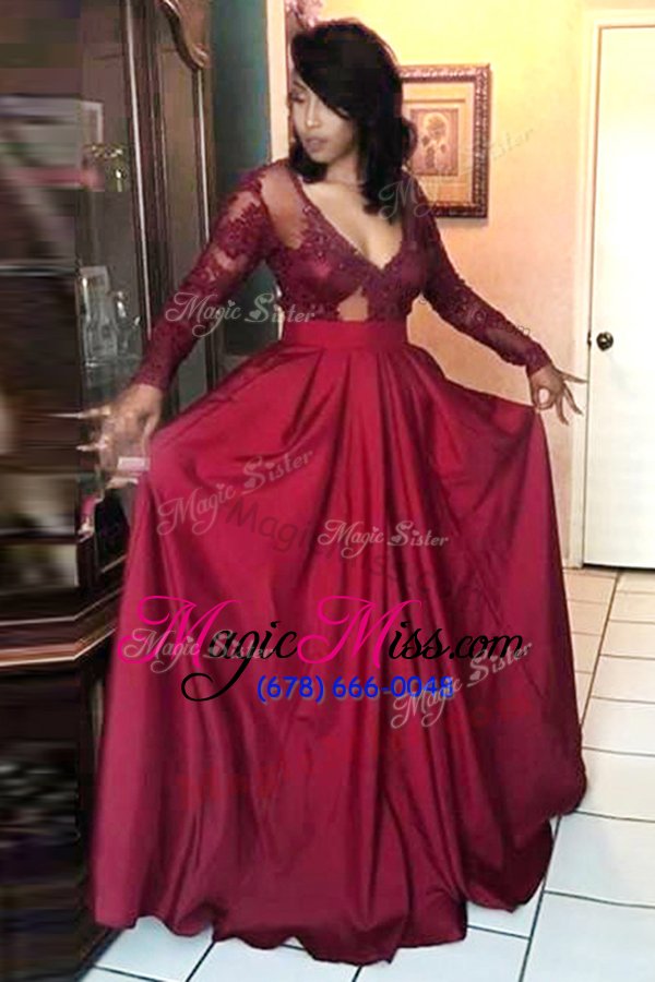 wholesale pretty pleated a-line military ball dresses for women burgundy v-neck satin long sleeves floor length zipper