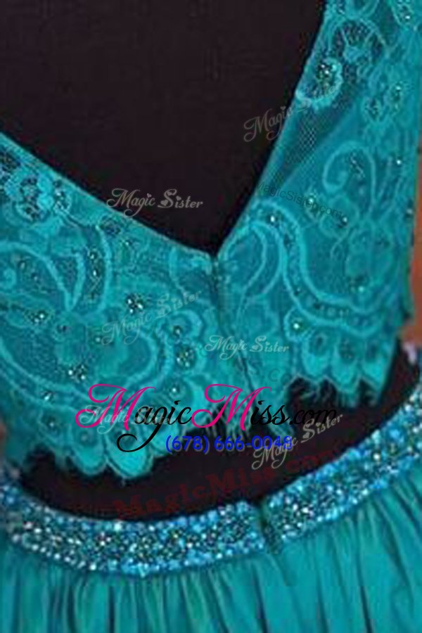 wholesale exceptional turquoise a-line beading and lace dress for prom zipper satin long sleeves mini length