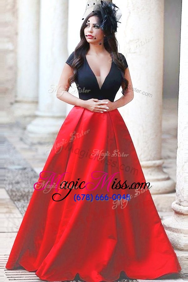 wholesale shining with train red ball gown prom dress satin sweep train short sleeves beading