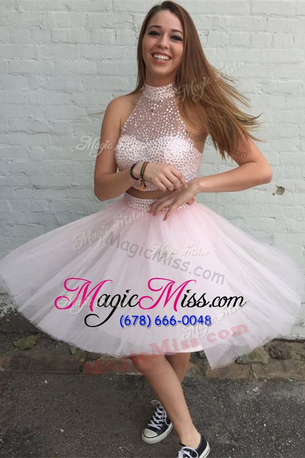 wholesale high-neck sleeveless tulle prom gown beading zipper