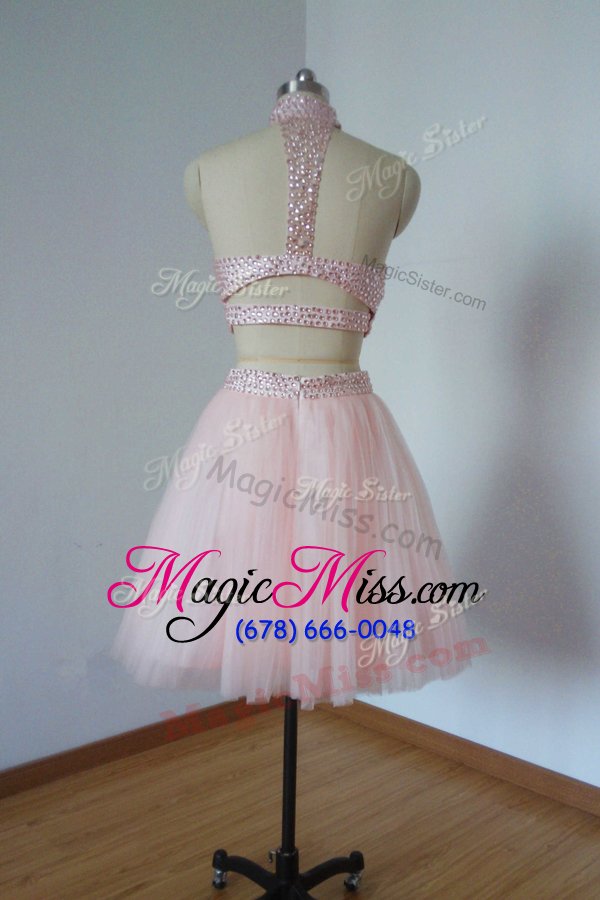 wholesale high-neck sleeveless tulle prom gown beading zipper