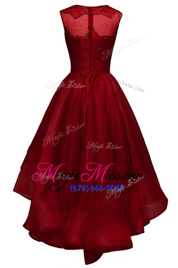 wholesale adorable burgundy organza zipper bateau sleeveless high low prom gown beading