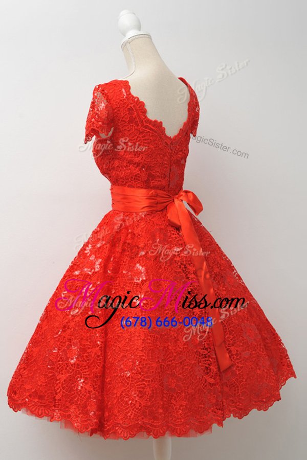 wholesale lace scalloped cap sleeves zipper sashes|ribbons evening dress in red