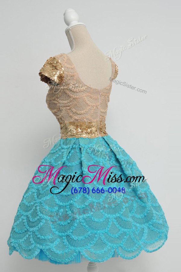 wholesale extravagant blue lace zipper scoop cap sleeves knee length prom dresses sequins