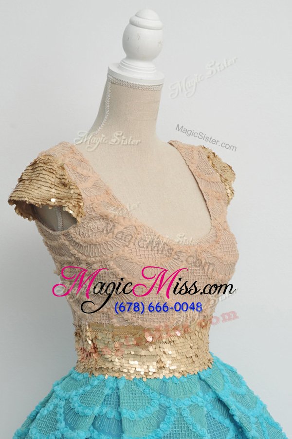 wholesale extravagant blue lace zipper scoop cap sleeves knee length prom dresses sequins