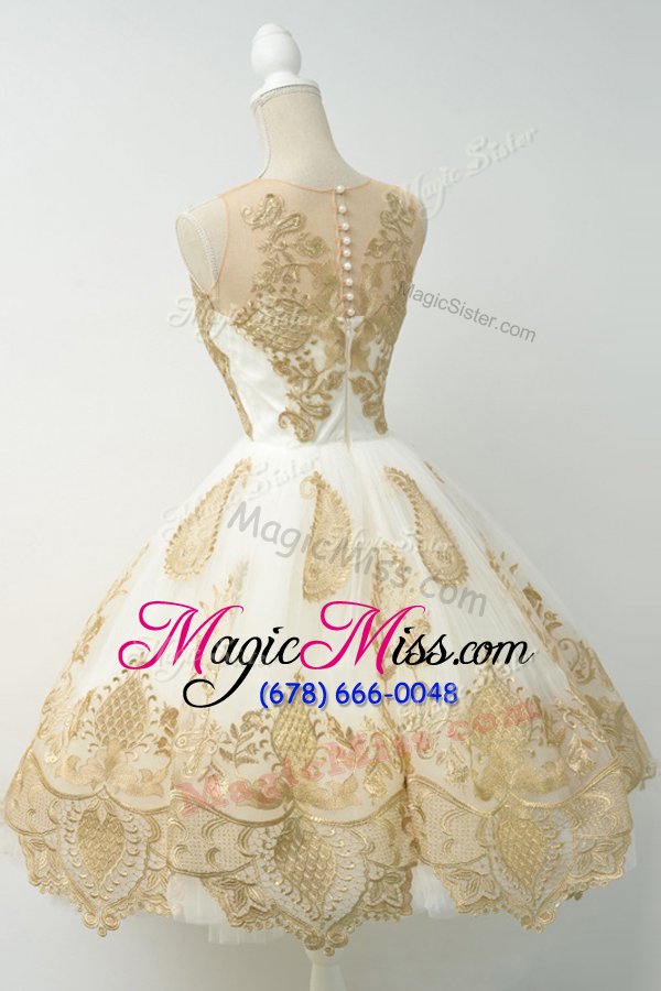 wholesale sweet champagne tulle zipper scoop sleeveless knee length prom gown lace and appliques