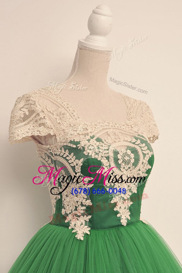 wholesale smart tulle square cap sleeves zipper lace prom party dress in green