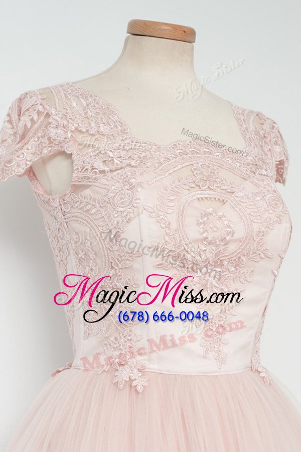 wholesale cute a-line prom evening gown baby pink square tulle cap sleeves tea length zipper